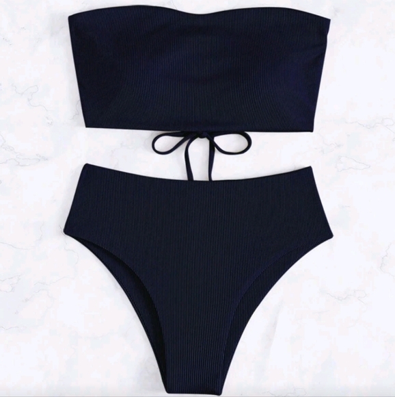 NWOT Tie Back Bandeau 2 Piece Bikini Set, L (8-10), Navy Blue - Picture 1 of 8